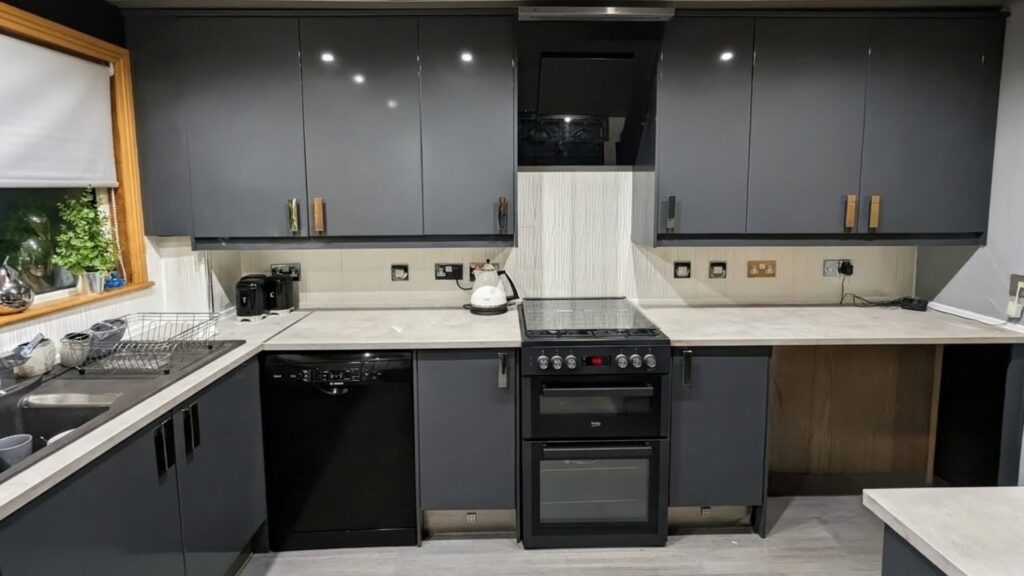 Kitchen cabinet and worktop wrapping using architectural vinyl for commercial interiors